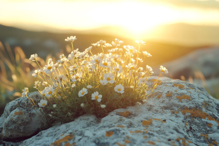 White flowers growing on a rock in a mountain landscape at sunsetの素材