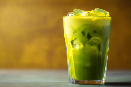 Green juice with ice cubes in a glass, refreshing and healthy beverageの素材