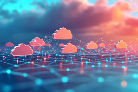 Red clouds hovering over a network grid symbolize cloud computing and data storage in a futuristic digital landscapeの素材