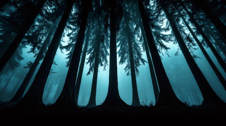Fog is giving a mysterious atmosphere to a group of tall pine trees in a dark forestの素材