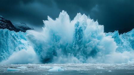 Glacier is melting and collapsing into the ocean creating a big wave, global warming and climate change conceptの素材