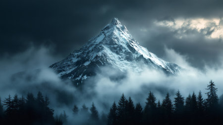 Majestic snow capped mountain peak rising above a dense coniferous forest, enveloped in ethereal mist and dramatic cloudsの素材