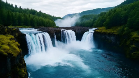 Stunning waterfall cascading down mossy rocks in a pristine forest, creating a picturesque natural landscapeの素材