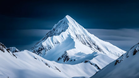 Breathtaking view of a towering snow covered mountain peak against a dark blue sky, showcasing the beauty and power of natureの素材