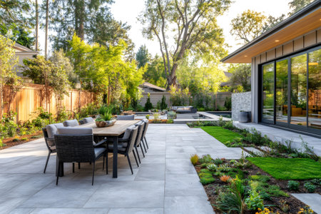 Tranquil backyard patio featuring a large dining table, swimming pool, and lush green garden with modern landscapingの素材
