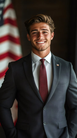 Portrait of a young male politician smiling with the American flag in the backgroundの素材