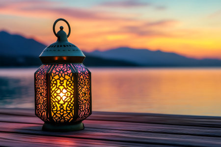 Traditional lantern glowing on wooden pier during a peaceful sunset over a calm lakeの素材