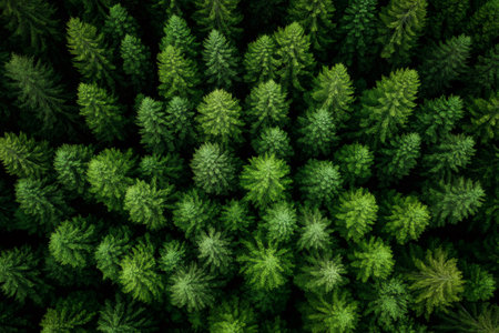 Aerial view of dense evergreen trees forming a mesmerizing pattern, showcasing the beauty of natureの素材