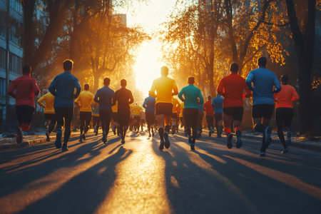 Runners competing in a marathon race at sunrise, showing determination and athleticismの素材
