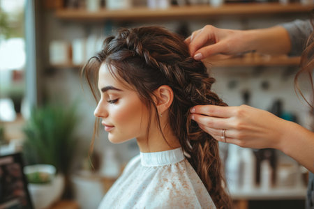 Hairdresser braiding a client's hair in a salon, creating an elegant hairstyleの素材