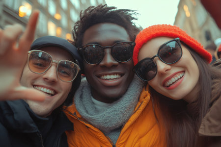 Three cheerful multi ethnic young friends wearing sunglasses taking a selfie while enjoying a day out together in the cityの素材