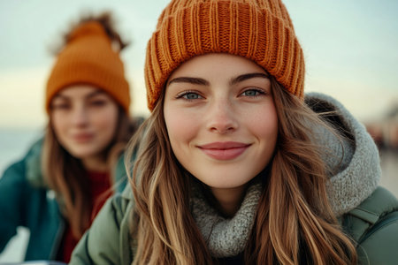 Two young women wearing orange knitted winter hats and warm coats smiling on a cold day outdoorsの素材