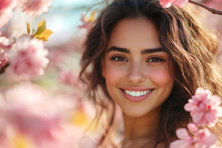 Happy young woman enjoying sunny spring day surrounded by pink cherry blossomsの素材