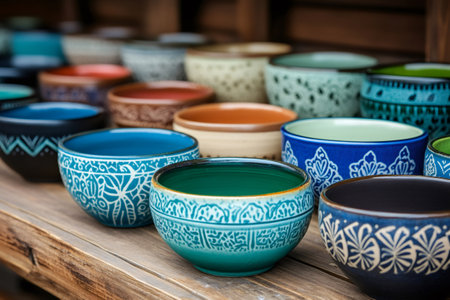 Vibrant ceramic bowls with intricate designs, showcasing the beauty of handmade potteryの素材