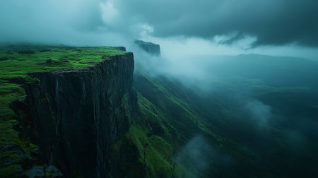 Fog rolling over lush green cliffs in dramatic landscapeの素材
