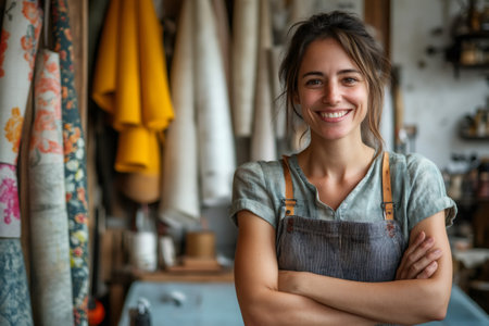 Portrait of a young craftswoman smiling with crossed arms in her workshopの素材