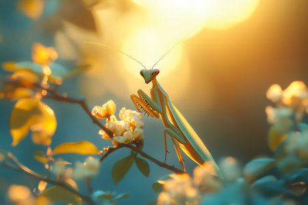 European mantis - mantis religiosa - posing on a flowering branch at sunset, creating a captivating nature sceneの素材