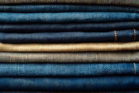 Close up of a stack of folded denim jeans and fabrics in various shades of blue, gray, and beige, creating a textured background ideal for fashion or retail conceptsの素材