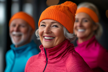 Portrait of happy senior athletes wearing orange beanies and sportswear, enjoying their active lifestyleの素材