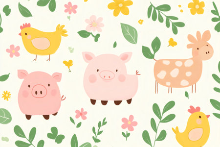 Seamless pattern background with cute farm animals and flowers, perfect for kids apparel and nursery decorationの素材