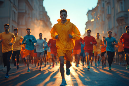 Large group of marathon runners running on a city street at sunriseの素材
