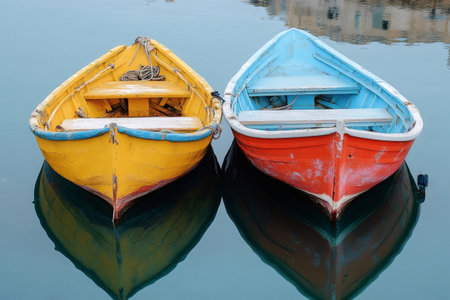 Two colorful wooden fishing boats are moored together, creating a beautiful reflection on the calm water surfaceの素材