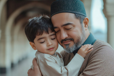 Muslim father and son sharing a tender moment of love and connection in a mosqueの素材