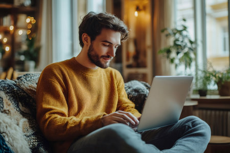 Freelancer working remotely typing on laptop sitting comfortably on sofa in living roomの素材