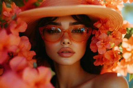 Beautiful young woman with orange sunglasses and hat posing near orange flowers in a sunny summer dayの素材