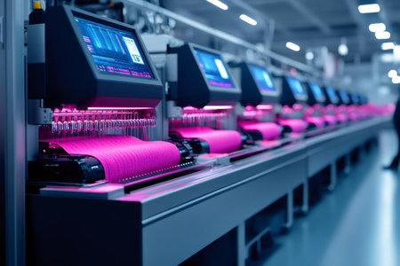 Automated industrial weaving machines are producing pink fabric in a modern textile factoryの素材