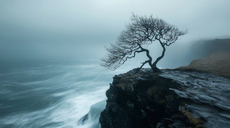 Gnarled, windswept tree clings to a rocky cliff above a turbulent ocean shrouded in mist, creating a dramatic and moody sceneの素材