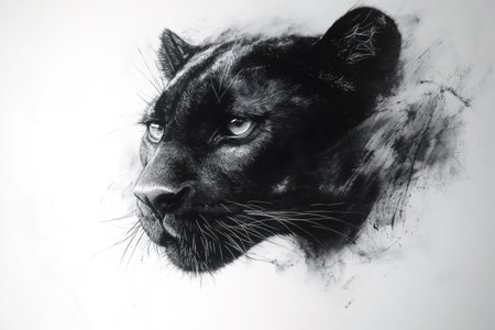 Charcoal drawing of a black panther emerging from a misty background, a captivating wildlife portraitの素材