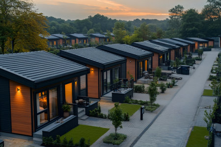 Tiny houses with illuminated windows create a cozy atmosphere in a scenic holiday park settingの素材