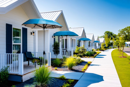 Picturesque neighborhood with small white houses featuring blue parasols, offering a cozy and inviting atmosphereの素材