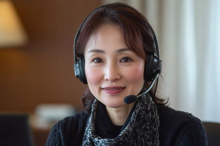 Portrait of a smiling middle aged Asian businesswoman wearing a headset working in a modern officeの素材