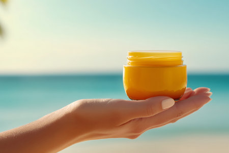 Hand holding opened container of moisturizing sunscreen lotion on the beachの素材
