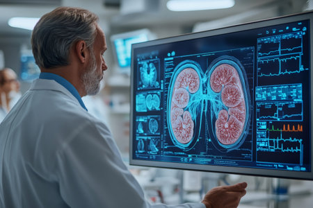 Senior doctor is working with futuristic software showing brain activity and checking mri scan in modern clinicの素材