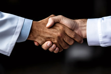 Two doctors shaking hands after successful medical treatment, concept of healthcare and medicineの素材