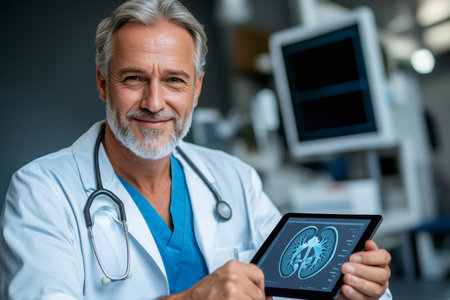 Smiling doctor showing lungs x ray on tablet in hospital roomの素材