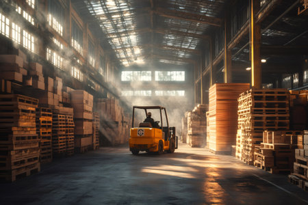 Forklift operator driving through large industrial warehouse with boxes and wooden palletsの素材