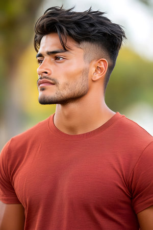 Portrait of a serious young man wearing a red t-shirt, posing outdoors, looking awayの素材