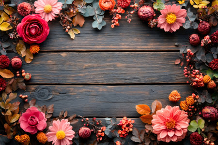 Colorful autumn flowers and leaves frame creating a copy space on rustic wooden backgroundの素材