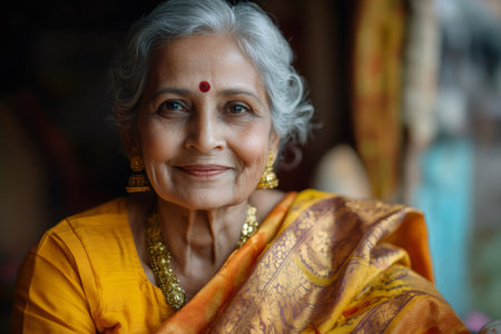 Close up portrait of an elegant elderly Indian woman wearing traditional sari and gold jewelry, representing Indian culture and wisdomの素材