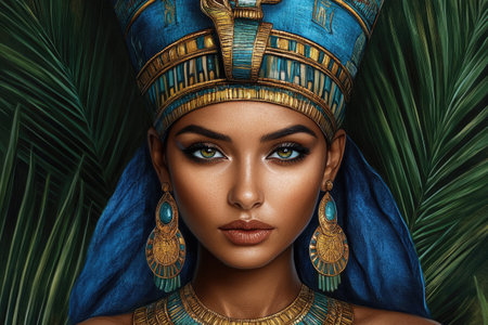 Portrait of a beautiful Egyptian queen wearing a gold and blue headdress and jewelryの素材