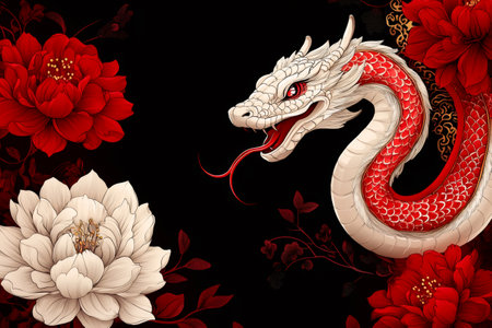 Illustration of a white dragon rising, featuring red scales, and surrounded by red and white peonies on a black backgroundの素材