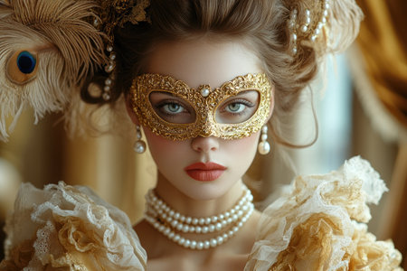 Model posing with a golden mask, pearl necklace, and baroque hairstyleの素材