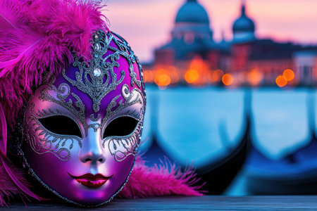 Purple and silver mask with pink feathers resting on wooden surface during carnival in Venice, with gondolas and santa maria della salute basilica in the backgroundの素材