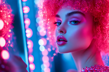 Beautiful woman with sparkling makeup and pink curly wig posing near neon lightsの素材
