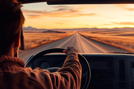 Truck driver is driving down a country road at sunset during a road tripの素材