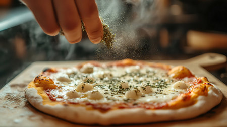 Cook adding finishing touches to a delicious pizza by sprinkling oregano on top, enhancing the flavors and aromaの素材